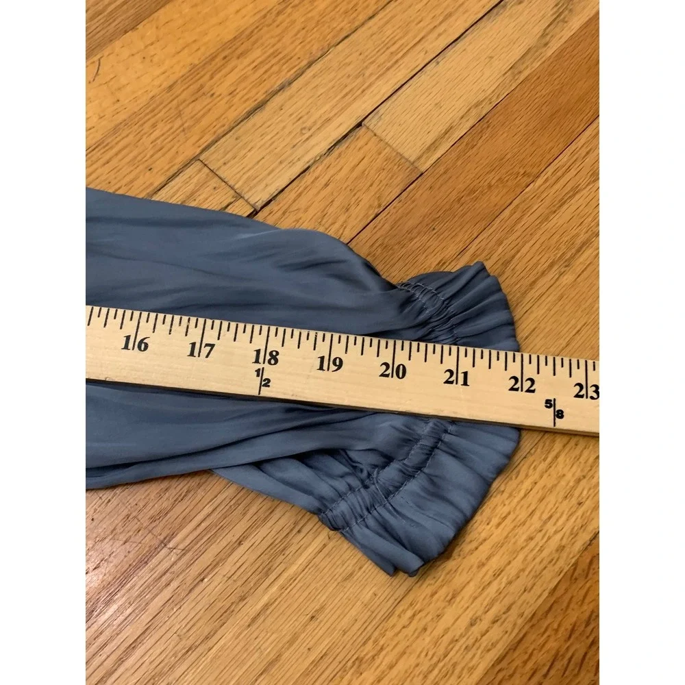 Carmen Marc Valvo Blue Smocked Ruffle Neck Satin Blouse Long Sleeve Small S/P - Picture 8 of 8